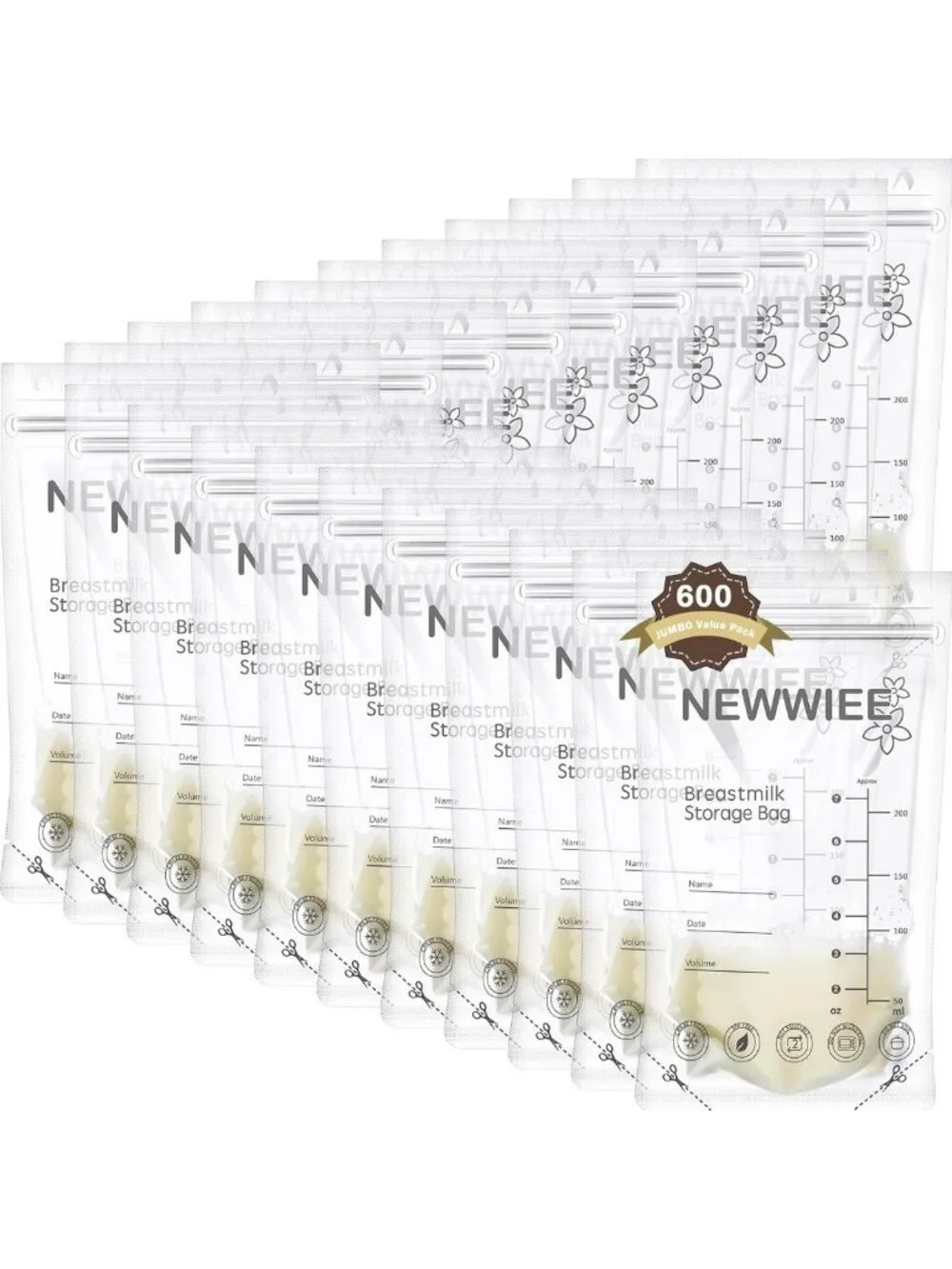 600 Count Breastmilk Storage Bags 7oz Self-Standing Freezer Safe, Gray